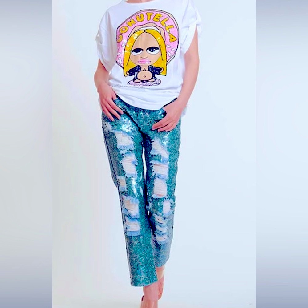 House of Mua Mua Sequin teal blue denim jean pant